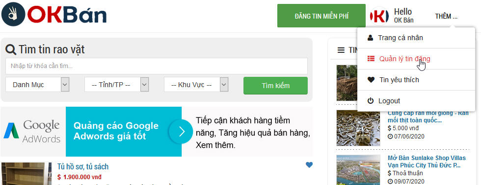 Hướng dẫn quản lý tin rao vặt - okban.vn