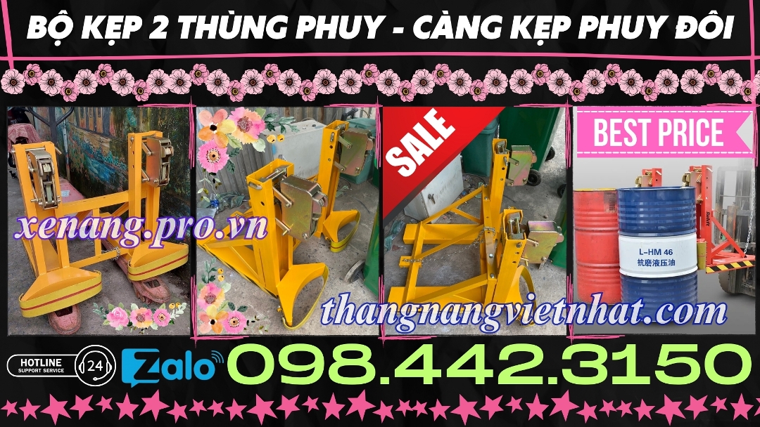 Bộ kẹp gắp thùng phuy đôi 2 thùng phuy 720kg