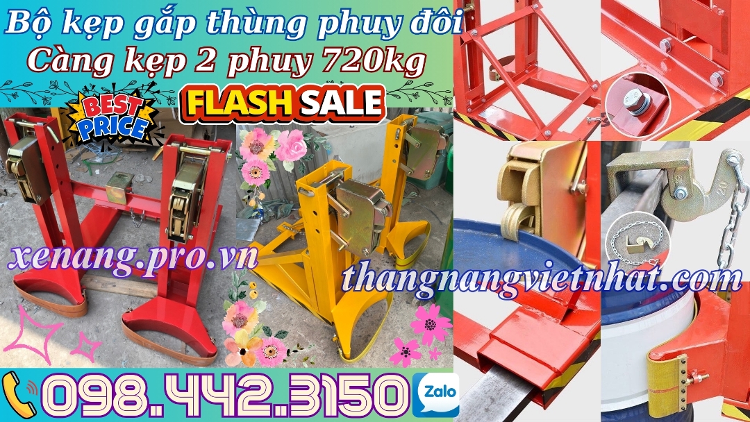 Bộ kẹp gắp thùng phuy đôi 2 thùng phuy 720kg