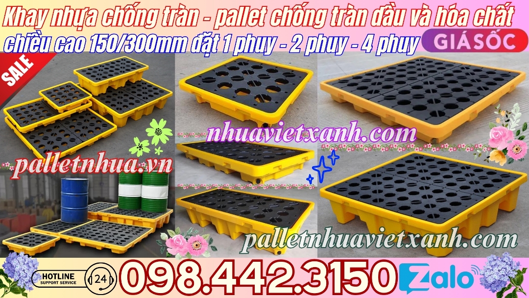 Pallet nhựa chống tràn dầu - hóa chất 1 phuy - 2 phuy - 4 phuy