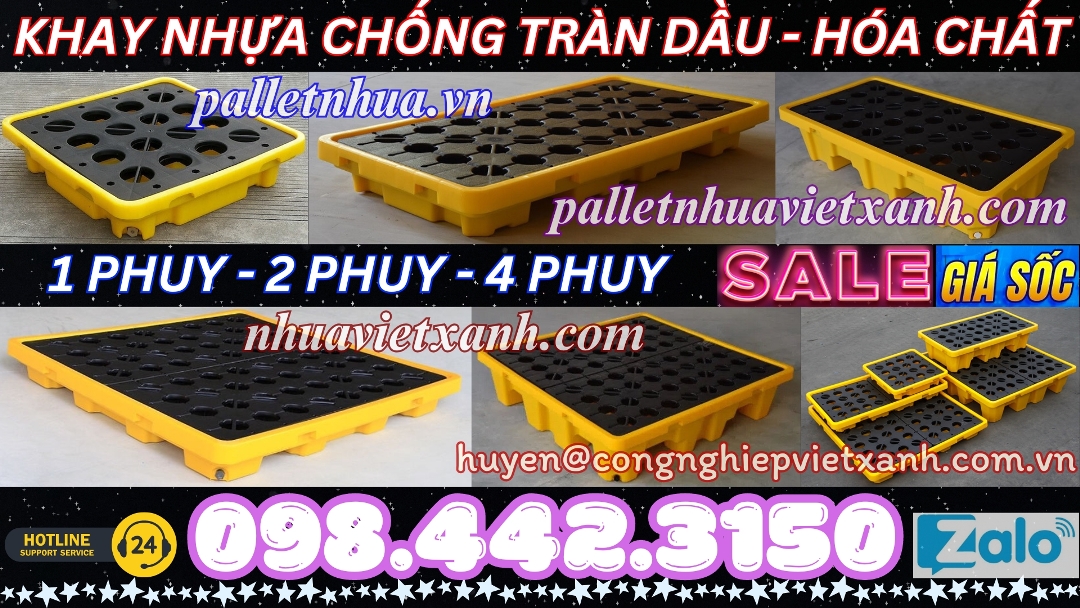 Pallet nhựa chống tràn dầu - hóa chất 1 phuy - 2 phuy - 4 phuy