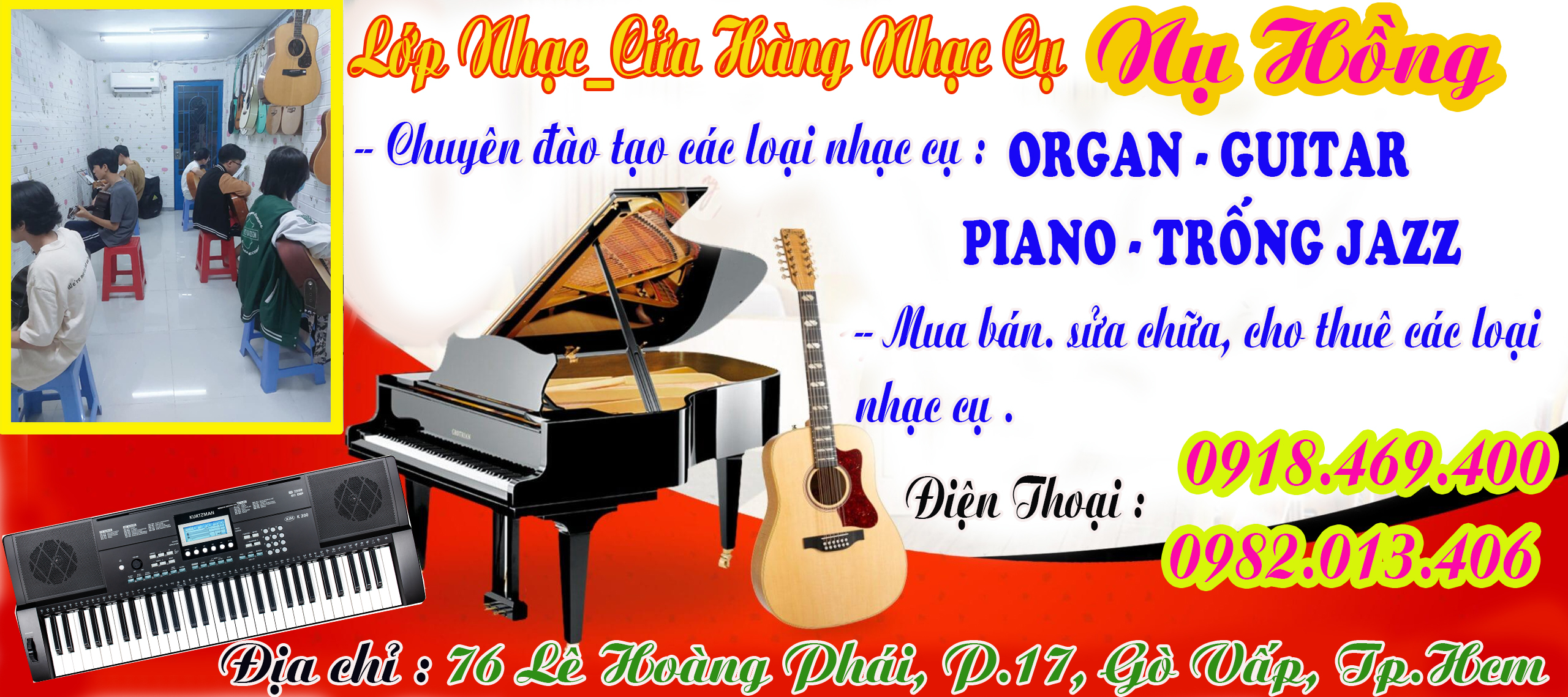 Trung tâm đào tạo nhạc cụ : guitar, organ, piano, trống jazz tại tphcm