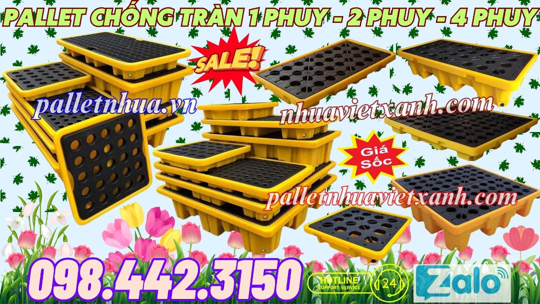 Pallet nhựa chống tràn dầu - hóa chất 1 phuy - 2 phuy - 4 phuy