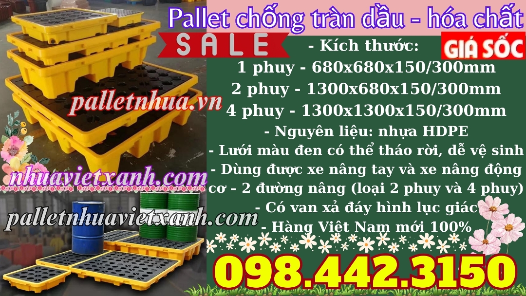 Pallet nhựa chống tràn dầu - hóa chất 1 phuy - 2 phuy - 4 phuy