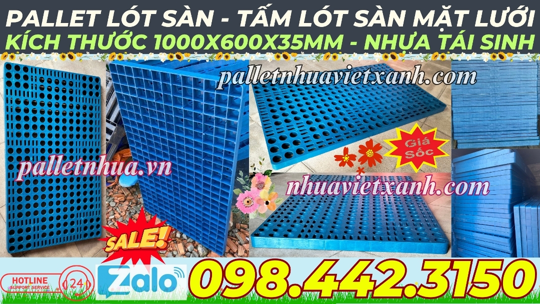 Pallet nhựa không chân 1000x600x35mm mặt lưới nhựa tái sinh