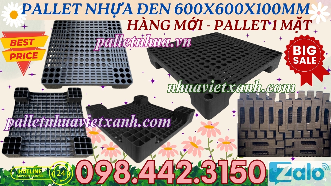 Pallet nhựa kê hàng 600x600x100mm màu đen