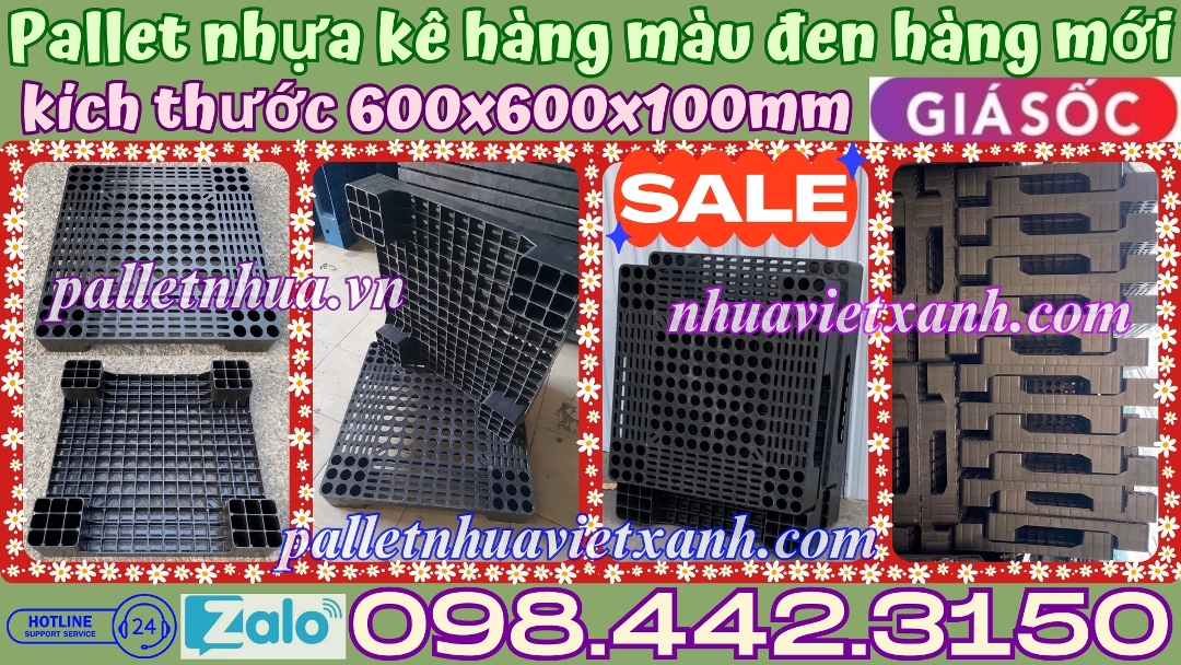 Pallet nhựa kê hàng 600x600x100mm màu đen