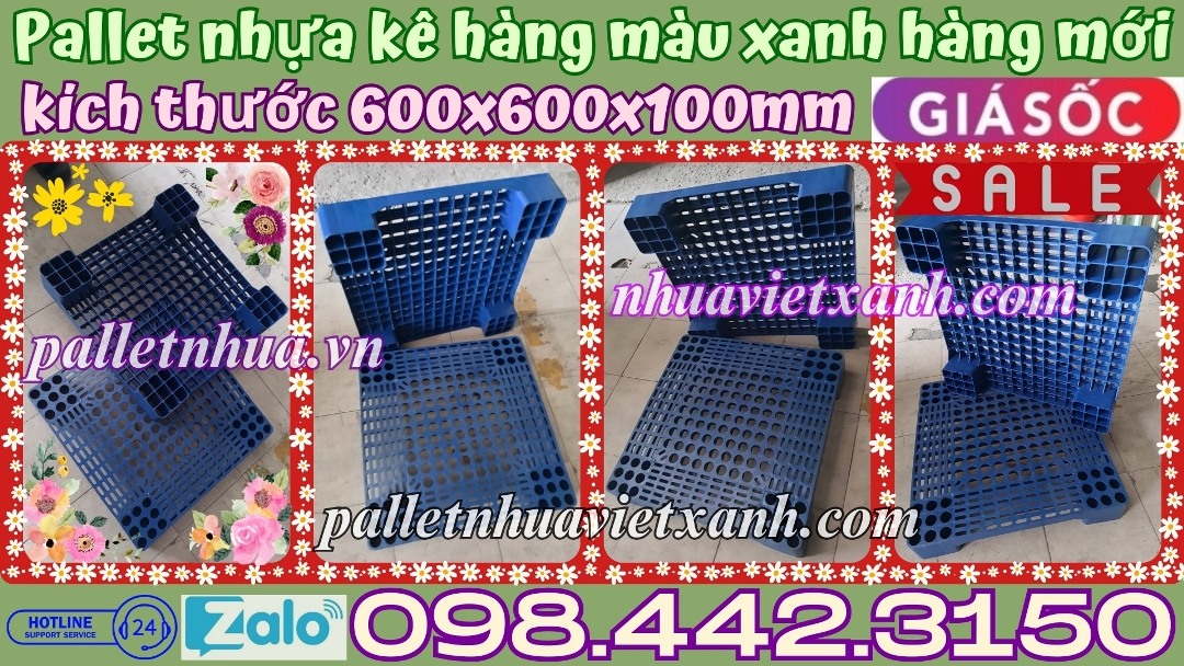 Pallet nhựa kê hàng 600x600x100mm màu xanh