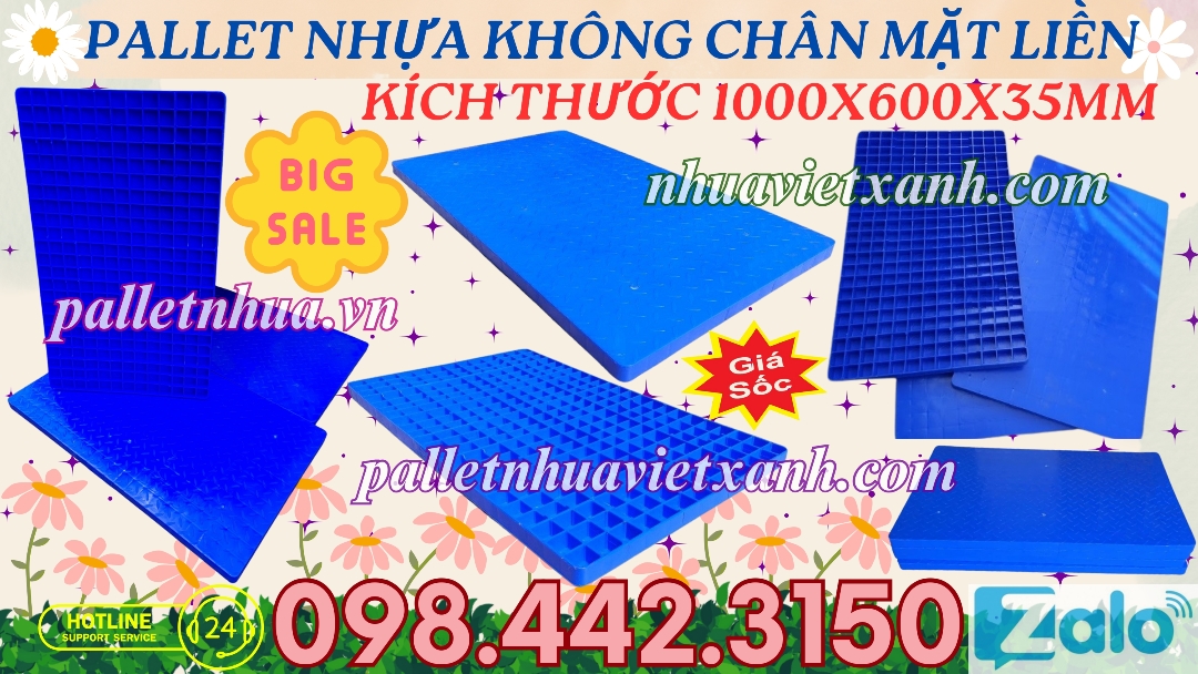 Pallet nhựa không chân 1000x600x35mm mặt liền nhựa nguyên sinh