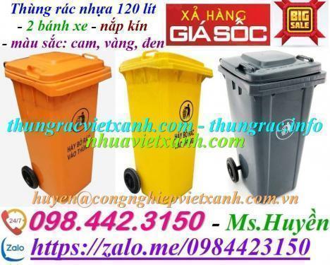 Thùng rác 120 lít nhựa HDPE nắp kín màu cam - vàng - đen