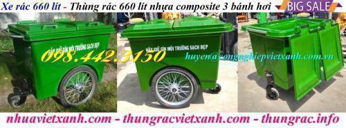 Thùng rác 660 lít nhựa composite 3 bánh hơi