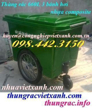 Thùng rác 660 lít nhựa composite 3 bánh hơi