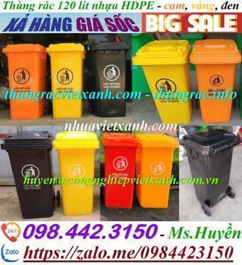 Thùng rác 120 lít nhựa HDPE nắp kín màu cam - vàng - đen