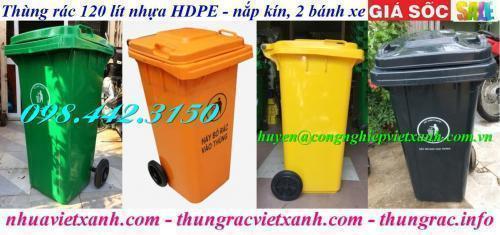 Thùng rác 120 lít nhựa HDPE nắp kín màu cam - vàng - đen