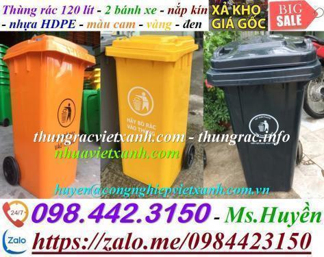 Thùng rác 120 lít nhựa HDPE nắp kín màu cam - vàng - đen