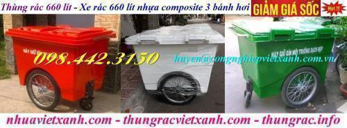 Thùng rác 660 lít nhựa composite 3 bánh hơi