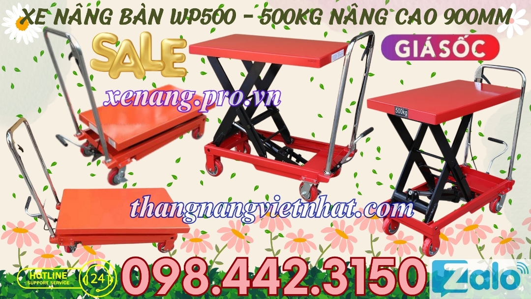 Xe nâng mặt bàn WP500 tải 500kg nâng cao 900mm