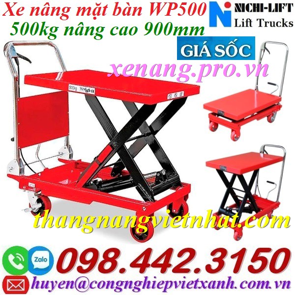 Xe nâng mặt bàn WP500 tải 500kg nâng cao 900mm