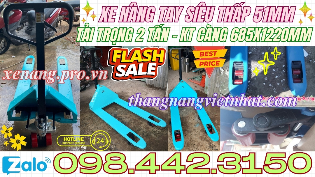 Xe nâng tay siêu thấp 51mm - tải 2 tấn càng rộng KT 685x1220mm