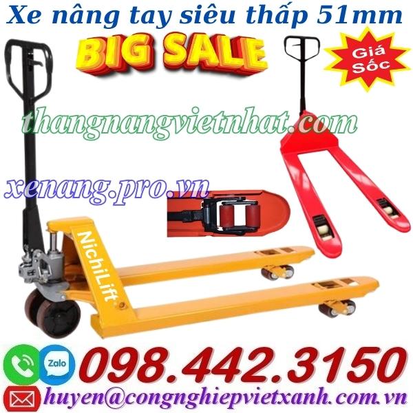 Xe nâng tay siêu thấp 51mm - tải 2 tấn càng rộng KT 685x1220mm